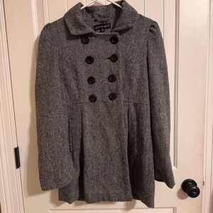 Ambiance Gray Double-Breasted Twee Peacoat with Flared Hem and Pleated Shoulders